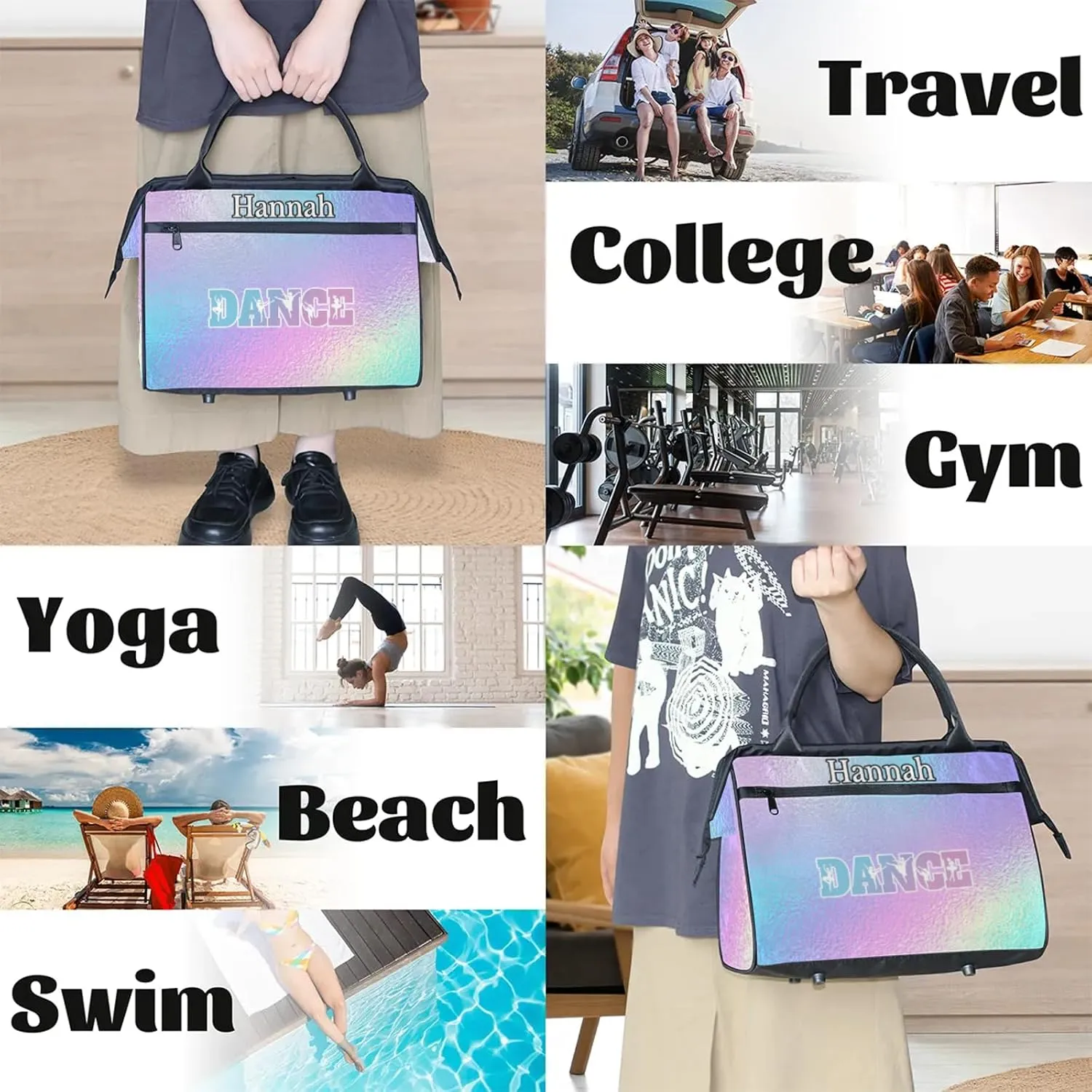 Custom Dance Duffel Bag with Name Personalized Sport Gym Bags Waterproof Customized Travel Duffel Bags Overnight Weekender Carry-On Tote 15.2in, Gradient Blue Purple