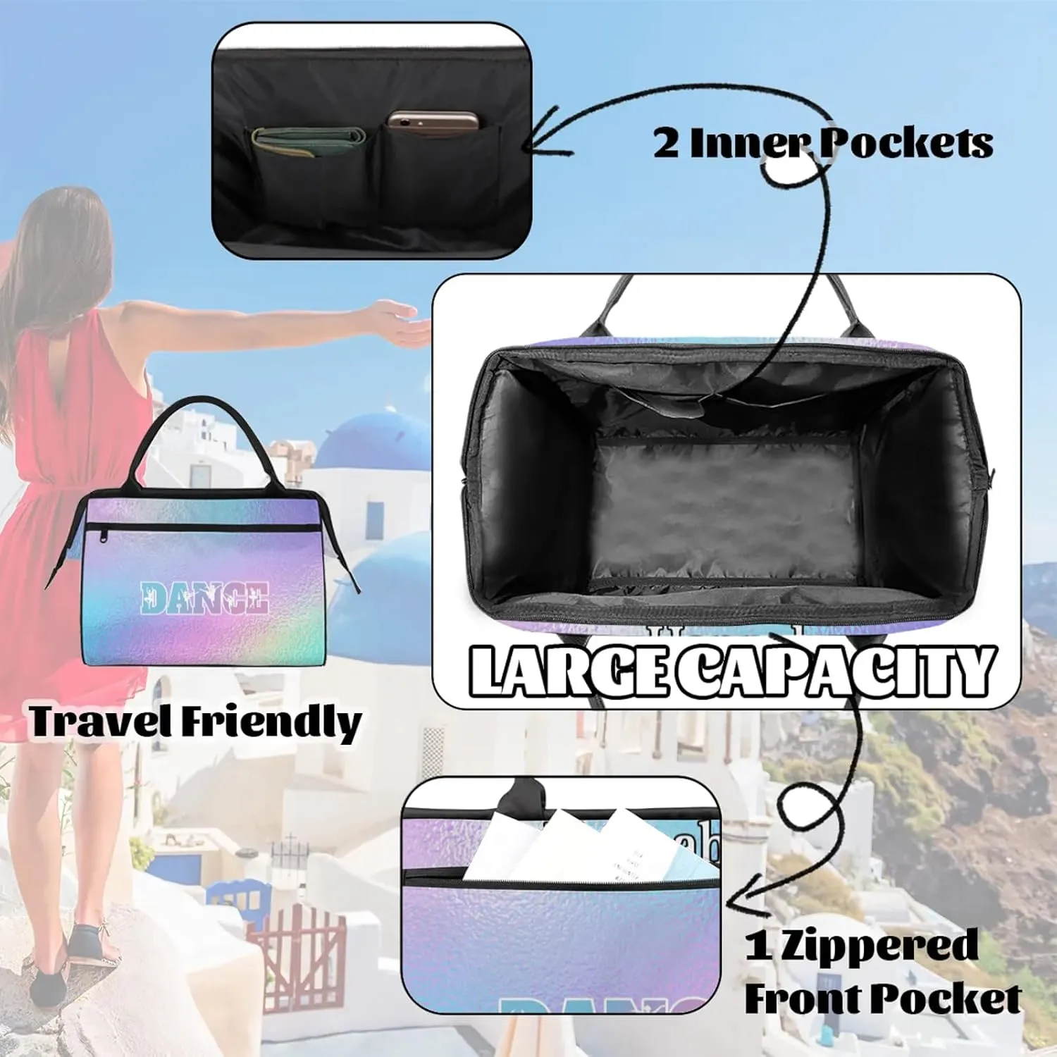 Custom Dance Duffel Bag with Name Personalized Sport Gym Bags Waterproof Customized Travel Duffel Bags Overnight Weekender Carry-On Tote 15.2in, Gradient Blue Purple