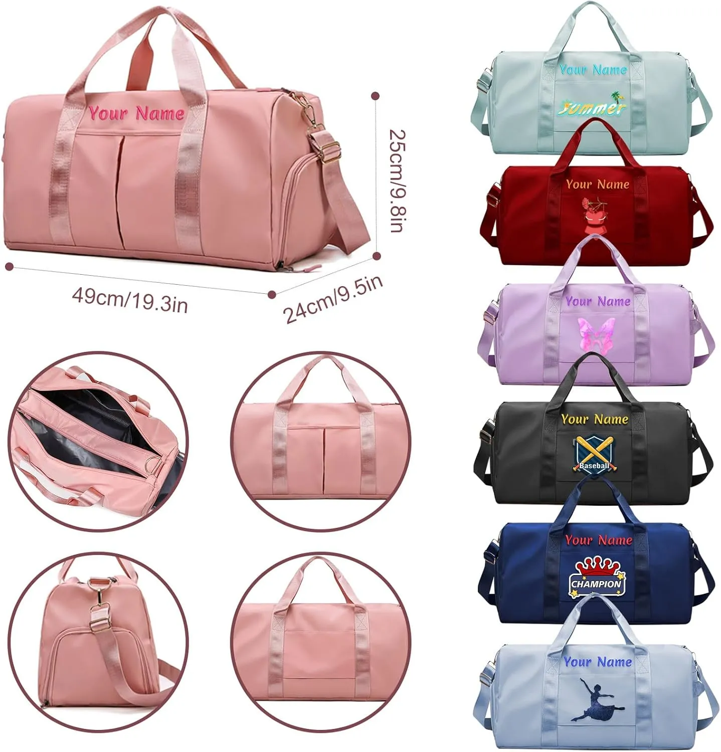 Custom embroidered sports bag, personalized gym bag, (with wet and dry pockets and shoe compartment) weekend travel duffel bag with shoulder strap, gift for travel and sports lovers