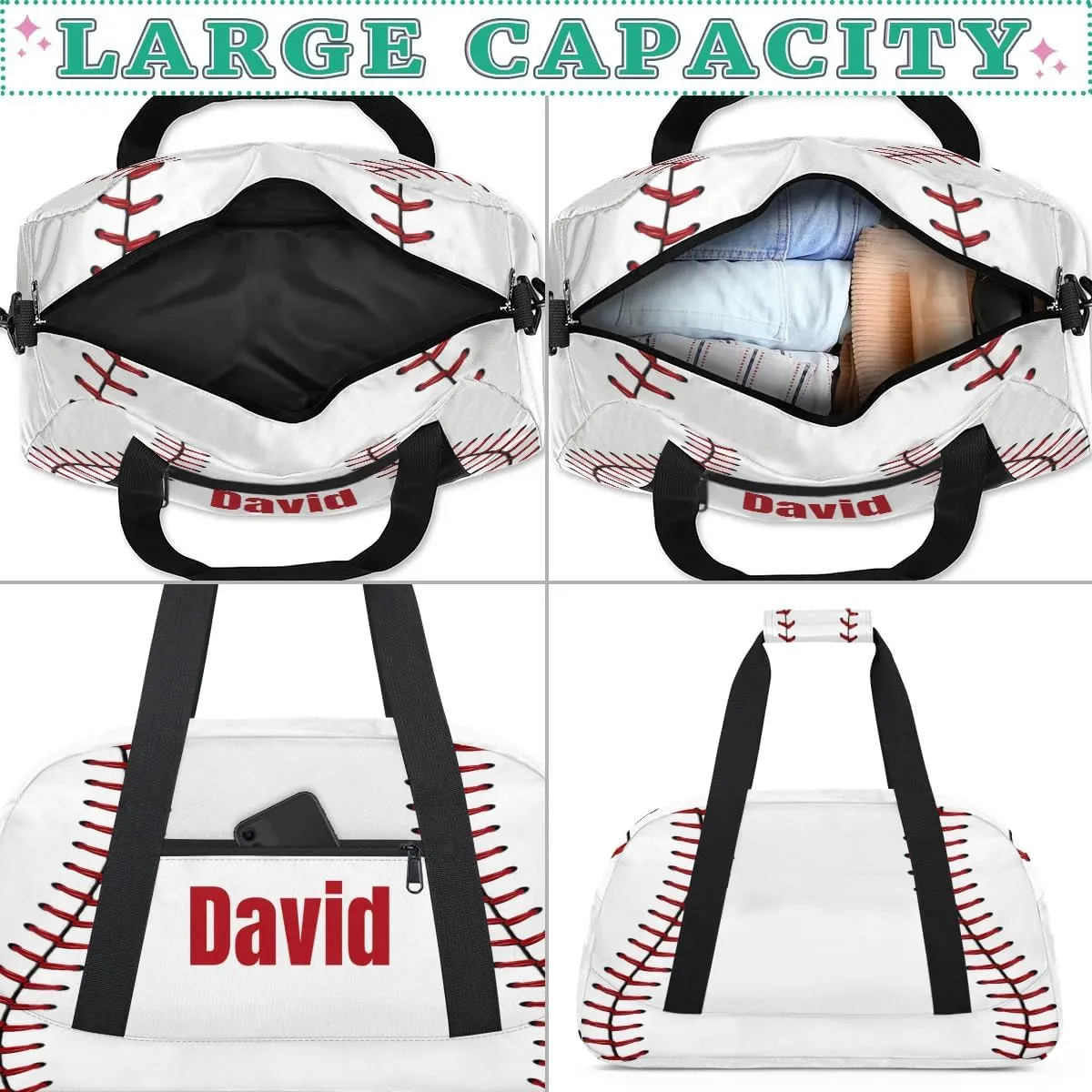 Custom Kids Duffel Bag Sport Gym Bag, Personalized Carry On Weekender Bag Travel Bag Gift for Girl Boys Baseball Lace