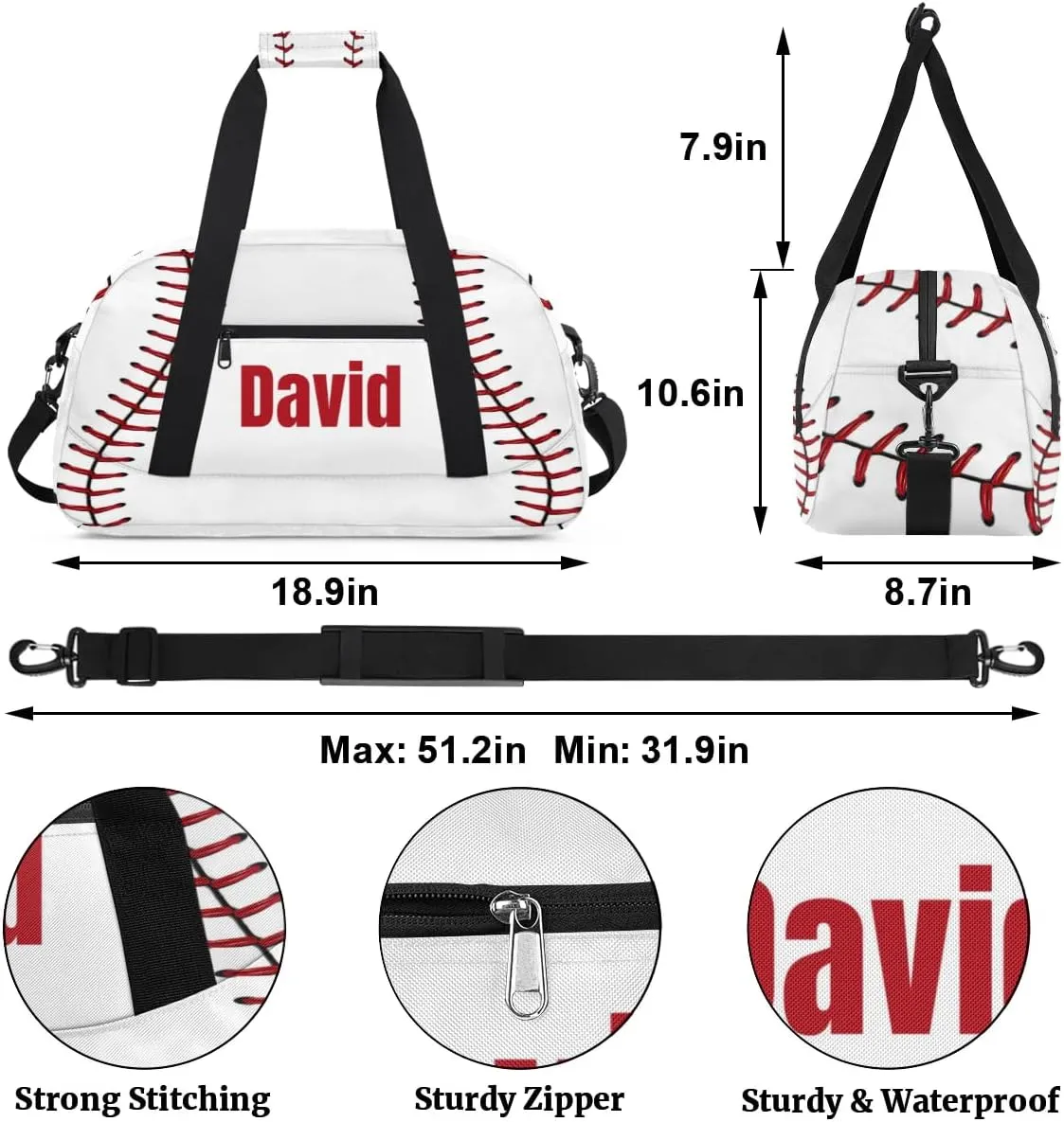 Custom Kids Duffel Bag Sport Gym Bag, Personalized Carry On Weekender Bag Travel Bag Gift for Girl Boys Baseball Lace