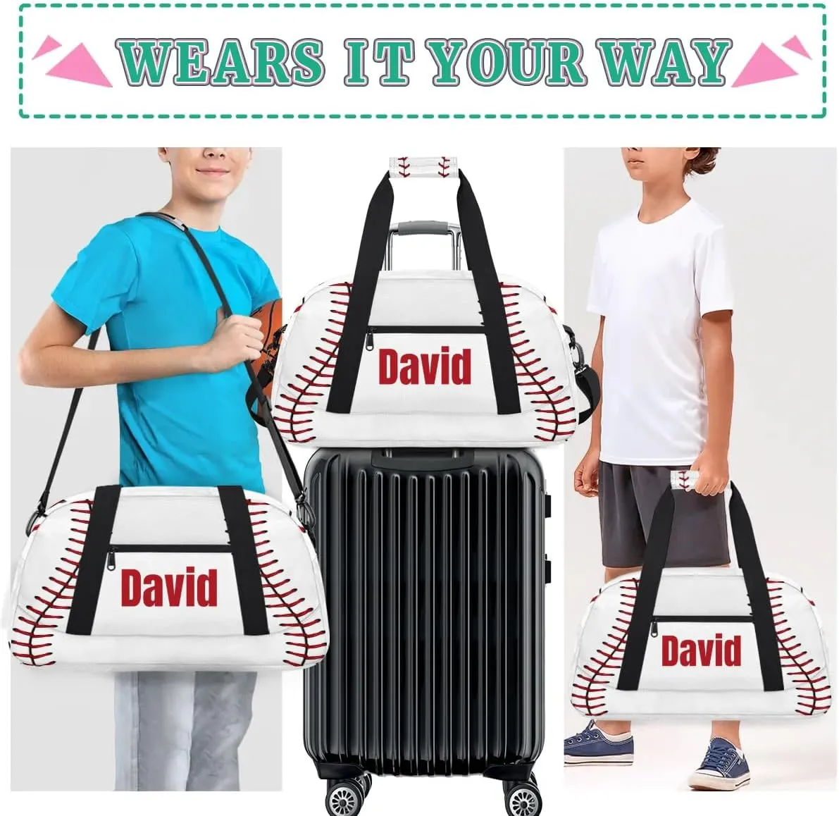 Custom Kids Duffel Bag Sport Gym Bag, Personalized Carry On Weekender Bag Travel Bag Gift for Girl Boys Baseball Lace