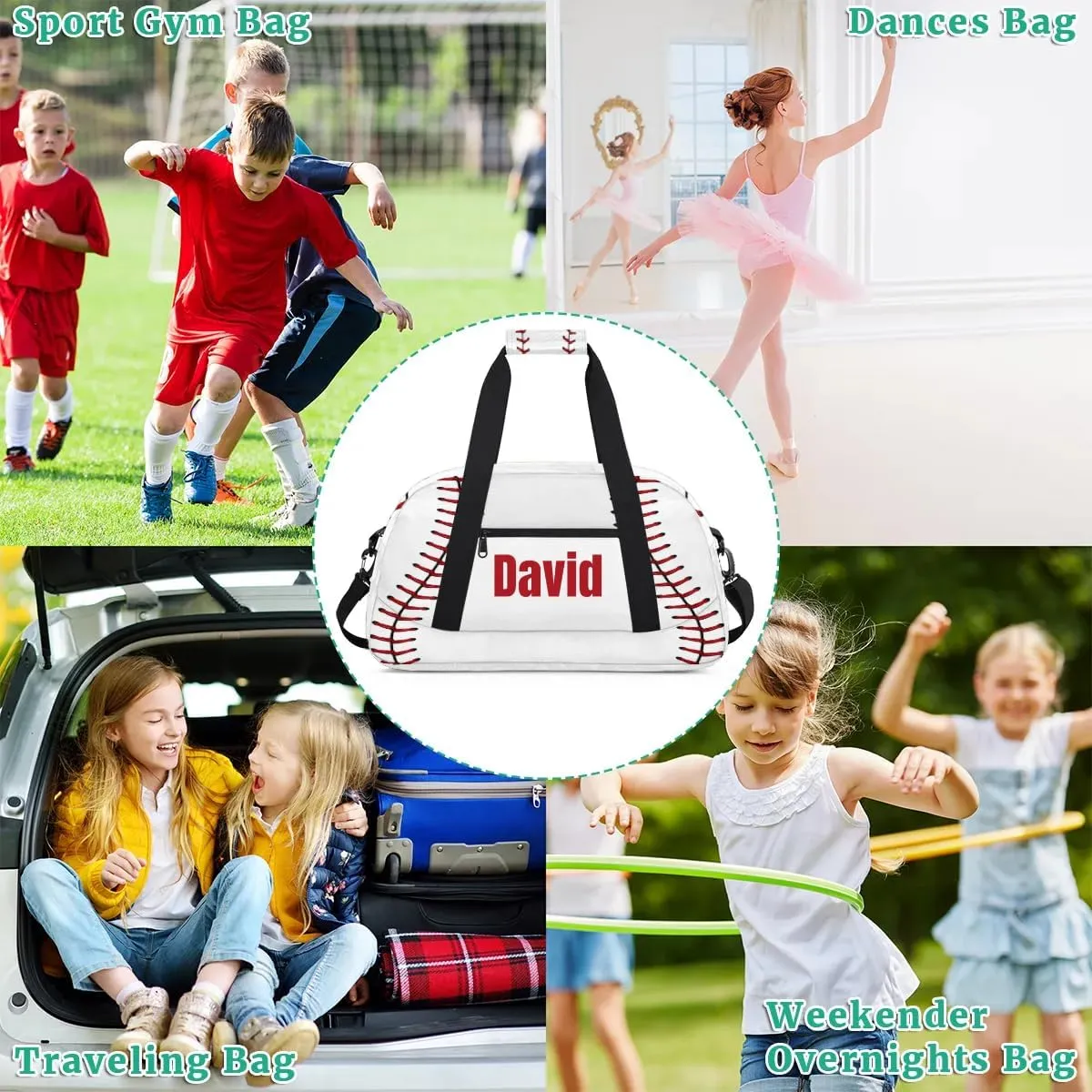 Custom Kids Duffel Bag Sport Gym Bag, Personalized Carry On Weekender Bag Travel Bag Gift for Girl Boys Baseball Lace