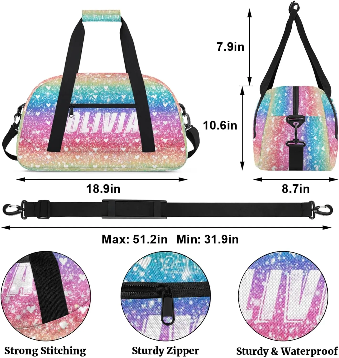 Custom Kids Duffel Bags Personalized Sport Gym Bag with Adjustable & Removable Shoulder Strap Lightweight Overnight Weekender Bag for Boys Girls Travel Sport School(Rainbow Sequins)
