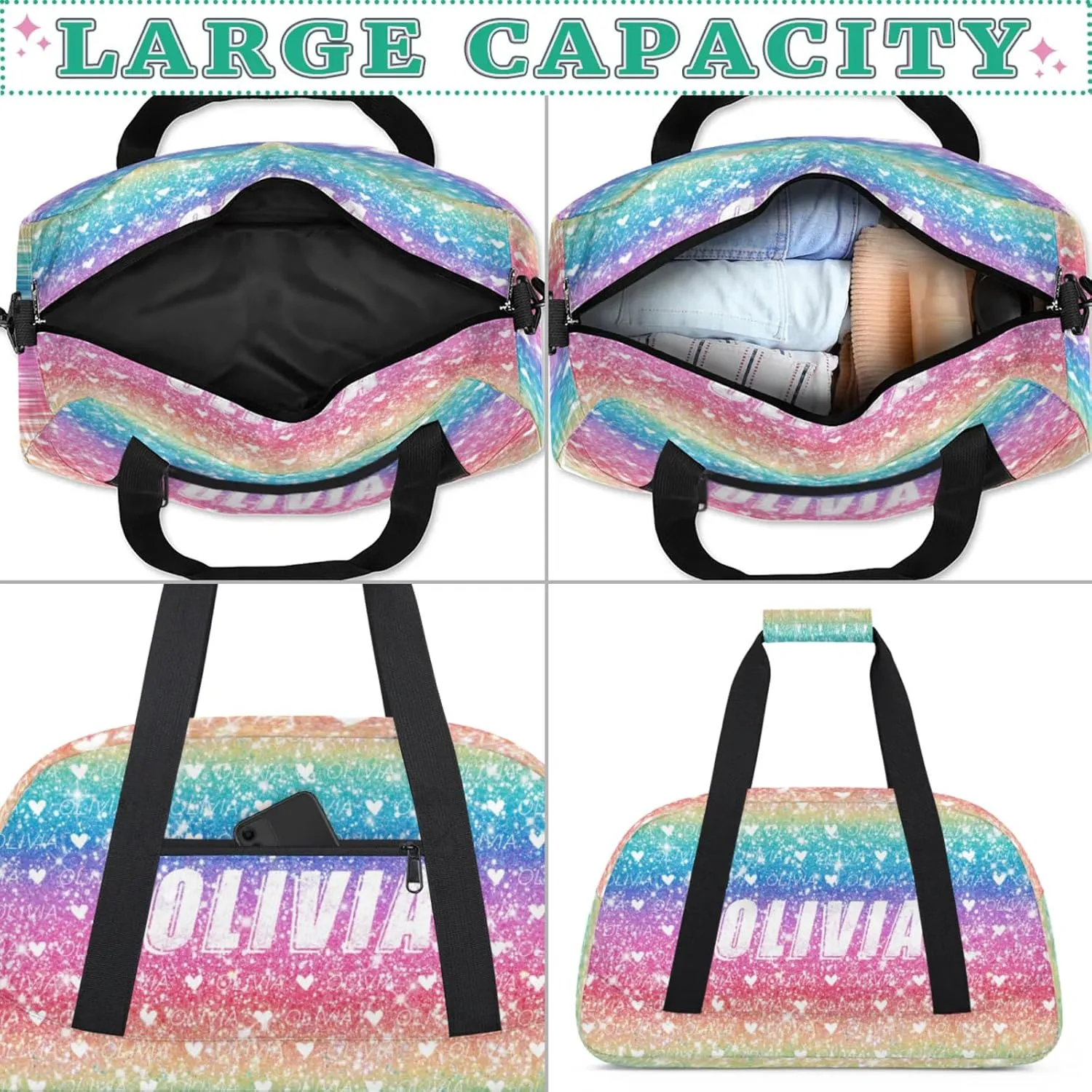 Custom Kids Duffel Bags Personalized Sport Gym Bag with Adjustable & Removable Shoulder Strap Lightweight Overnight Weekender Bag for Boys Girls Travel Sport School(Rainbow Sequins)