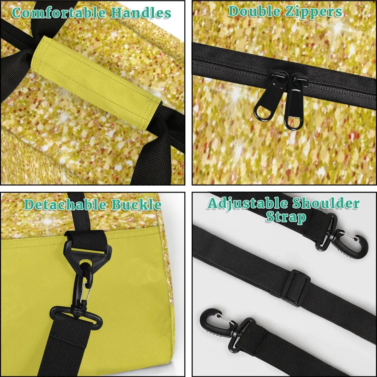 Custom Name Dance Bag, Personalized Name Gymnastics Sport Cheerleader Bag, Barrel Ballet Duffel Bag Women, Golden Sequins Glitter with Yellow Background