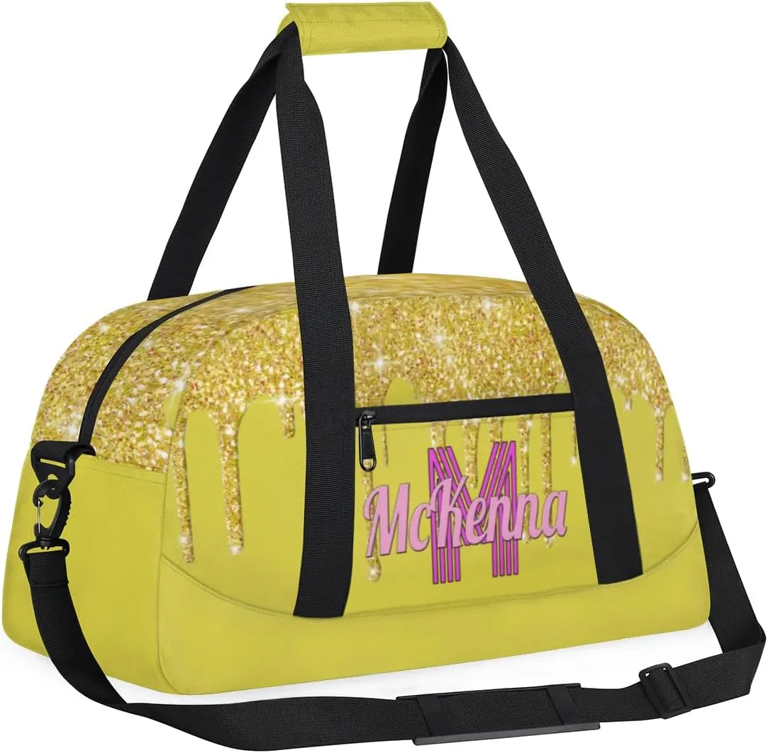 Custom Name Dance Bag, Personalized Name Gymnastics Sport Cheerleader Bag, Barrel Ballet Duffel Bag Women, Golden Sequins Glitter with Yellow Background