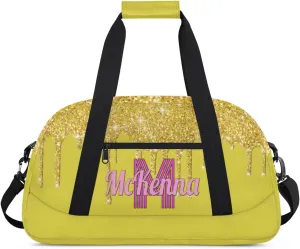 Custom Name Dance Bag, Personalized Name Gymnastics Sport Cheerleader Bag, Barrel Ballet Duffel Bag Women, Golden Sequins Glitter with Yellow Background