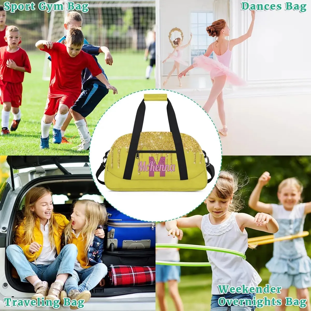 Custom Name Dance Bag, Personalized Name Gymnastics Sport Cheerleader Bag, Barrel Ballet Duffel Bag Women, Golden Sequins Glitter with Yellow Background