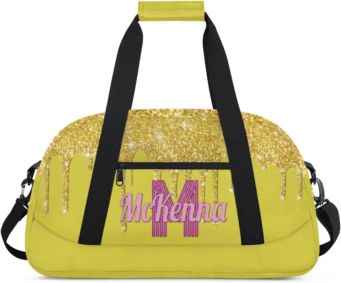 Custom Name Dance Bag, Personalized Name Gymnastics Sport Cheerleader Bag, Barrel Ballet Duffel Bag Women, Golden Sequins Glitter with Yellow Background