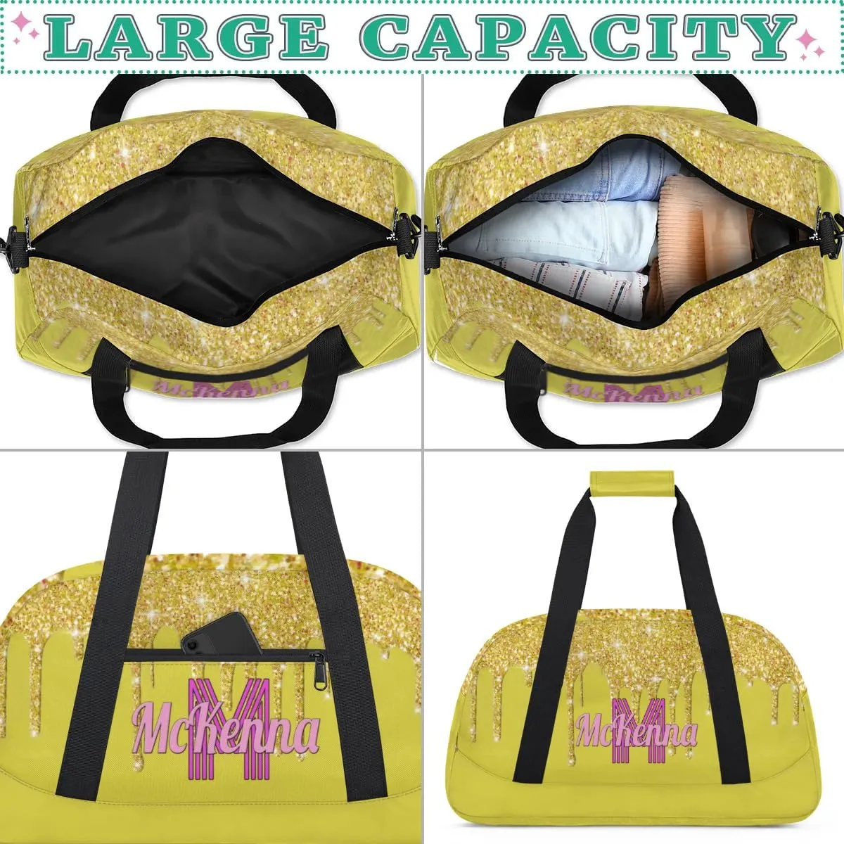 Custom Name Dance Bag, Personalized Name Gymnastics Sport Cheerleader Bag, Barrel Ballet Duffel Bag Women, Golden Sequins Glitter with Yellow Background