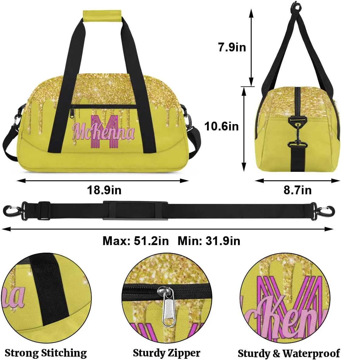Custom Name Dance Bag, Personalized Name Gymnastics Sport Cheerleader Bag, Barrel Ballet Duffel Bag Women, Golden Sequins Glitter with Yellow Background