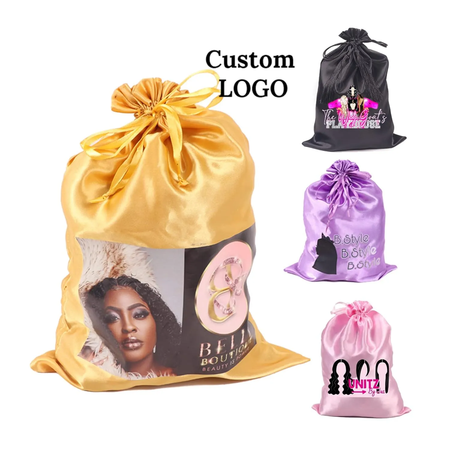 Custom Printed Wig Storage Bags - 20Pcs/Lot, Purple, Drawstring Satin Hair Pouches for Hair Bundles, Lace Wigs & Headbands, Personalized Logo Gift for Cosmetics & Accessories (20Pcs/Lot, Purple)