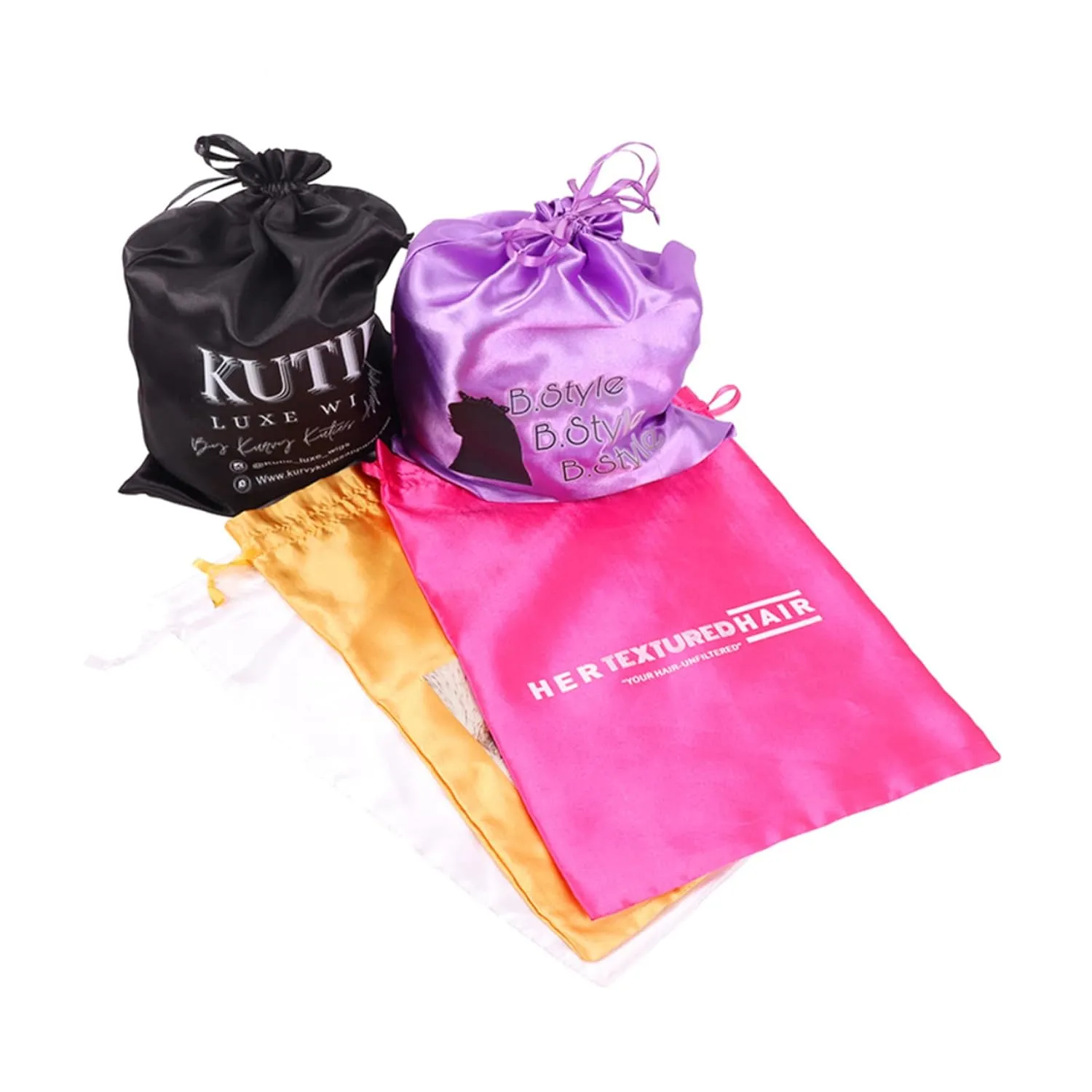 Custom Printed Wig Storage Bags - 20Pcs/Lot, Purple, Drawstring Satin Hair Pouches for Hair Bundles, Lace Wigs & Headbands, Personalized Logo Gift for Cosmetics & Accessories (20Pcs/Lot, Purple)