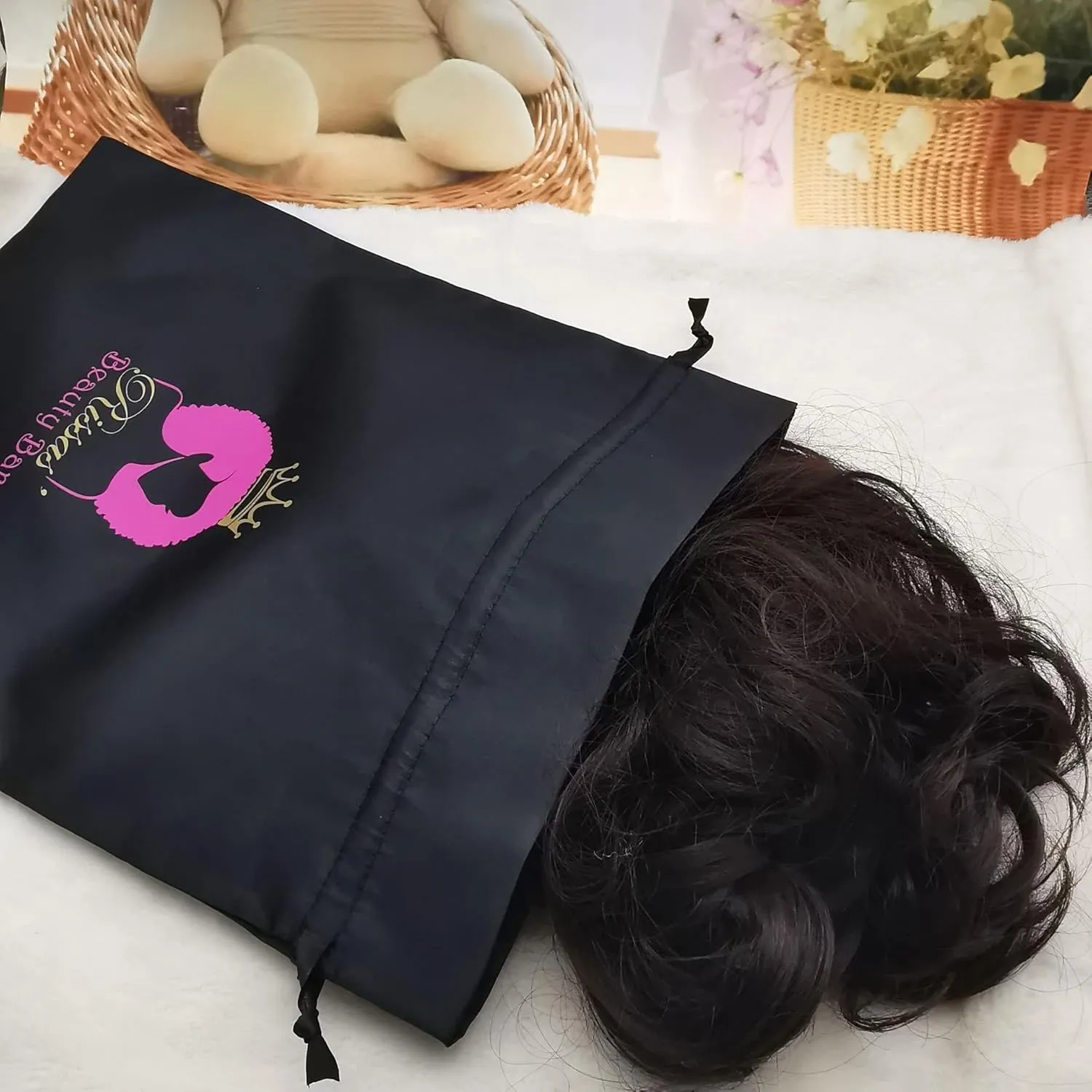 Customize Logo Wig Hair Extension Storage Bags, 20-50PCS Silk Satin Wig Bags With Drawstring Gift Hair Bundles Packaging Bag (Pack of 20, White)