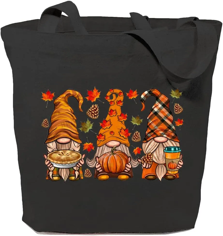 Cute Fall Gnomes Canvas Tote Bag for Women Aesthetic Autumn Leaves Pumpkin Reusable Grocery Bag Thanksgiving Day Gift