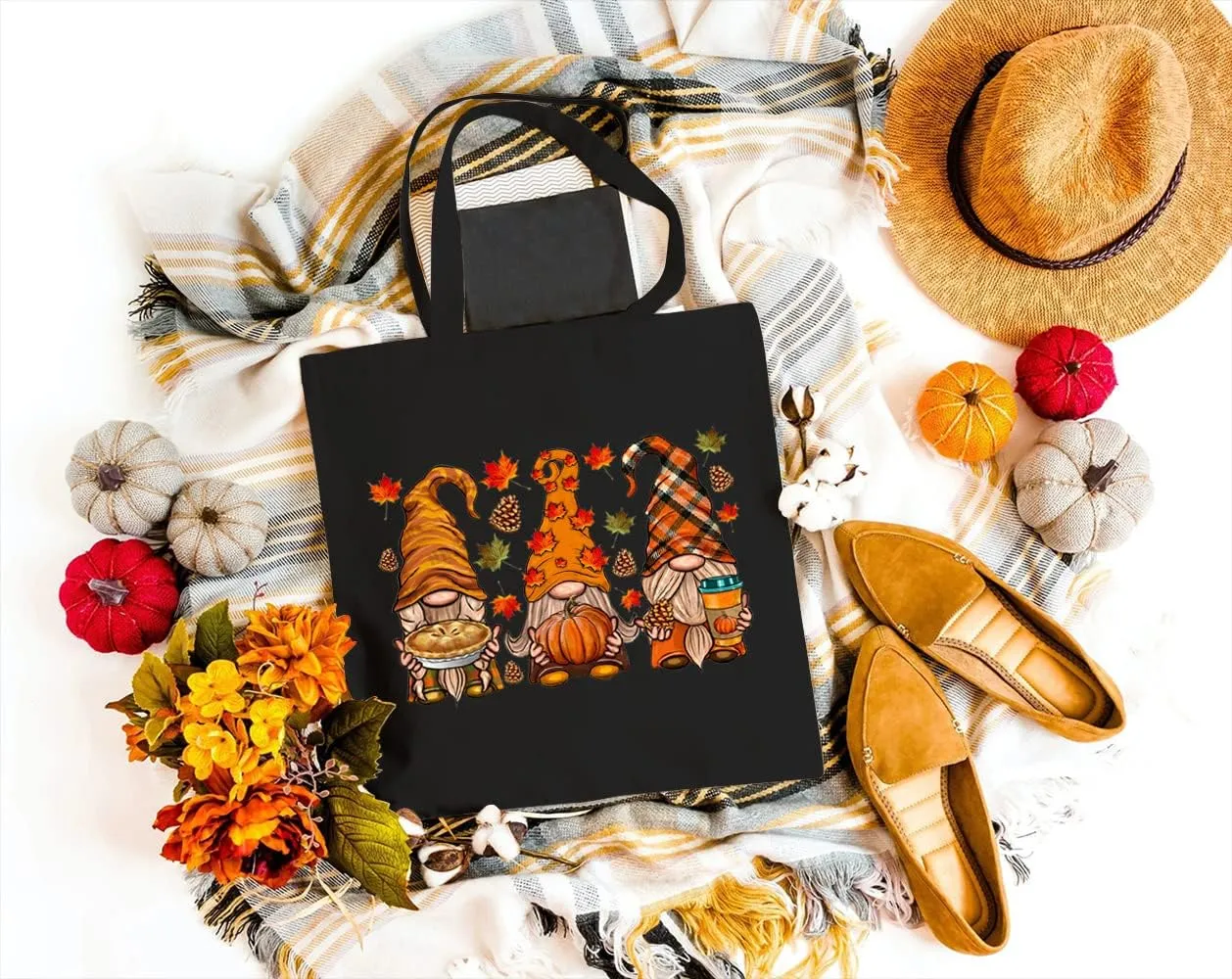 Cute Fall Gnomes Canvas Tote Bag for Women Aesthetic Autumn Leaves Pumpkin Reusable Grocery Bag Thanksgiving Day Gift