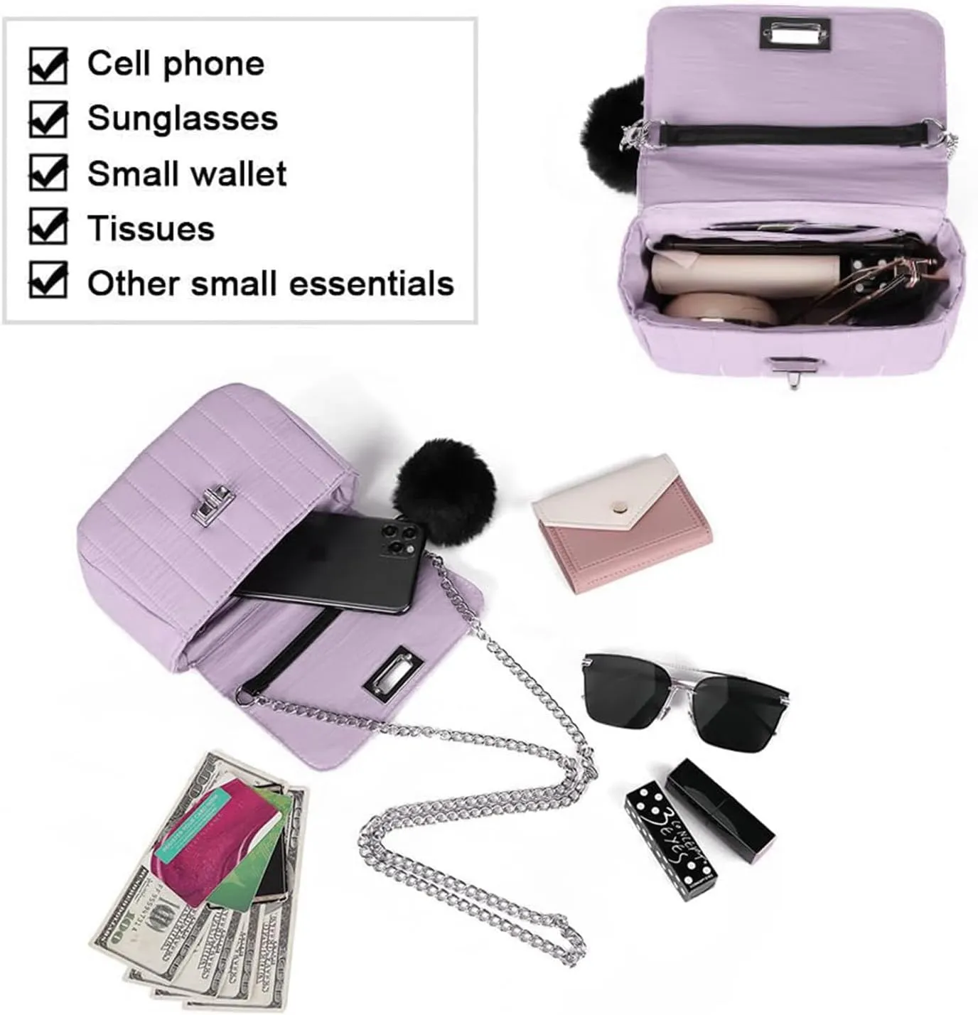Cute Purses for Teen Girls Gifts, Small Purse and Quilted Crossbody Bags for Women with Chain, Nylon