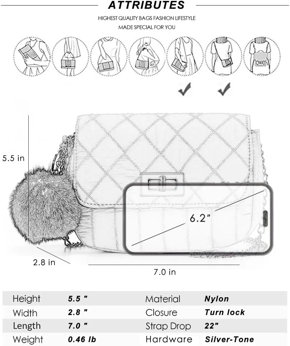 Cute Purses for Teen Girls Gifts, Small Purse and Quilted Crossbody Bags for Women with Chain, Nylon