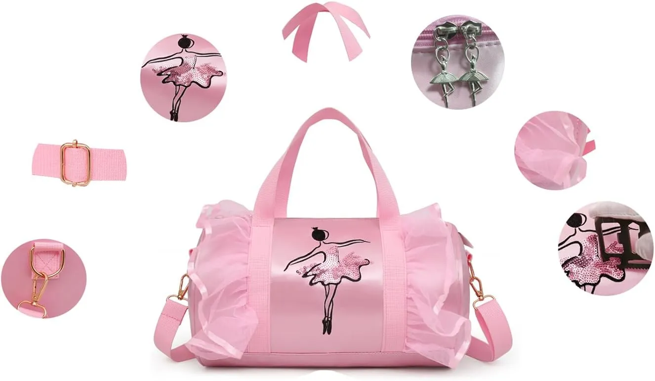 Dance bags for kids Lightweight Cute Ballet Dance Bag Gym Travel Duffle Bag for Girls Tutu Dress Bag 3-6 Year Olds (Purple lace dance)