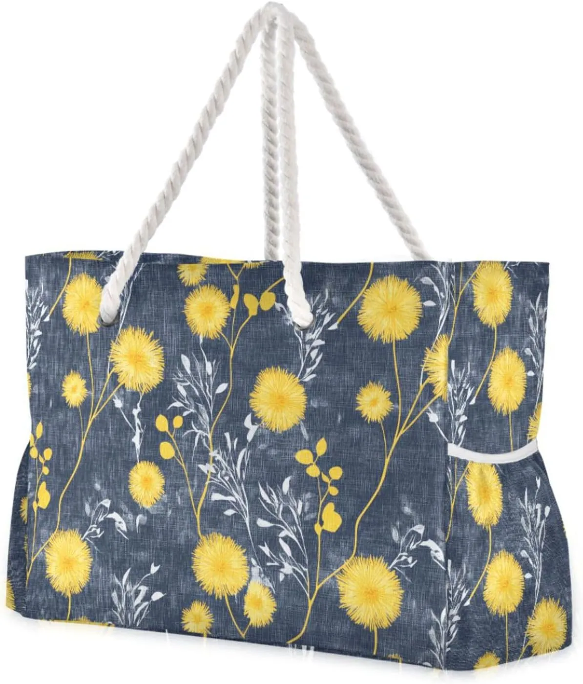 Dandelion Mustard Yellow and Denim Blue Sturdy Women Tote Bags with side pocketes Duffel Bag Women with zippered pockets