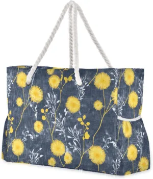 Dandelion Mustard Yellow and Denim Blue Sturdy Women Tote Bags with side pocketes Duffel Bag Women with zippered pockets