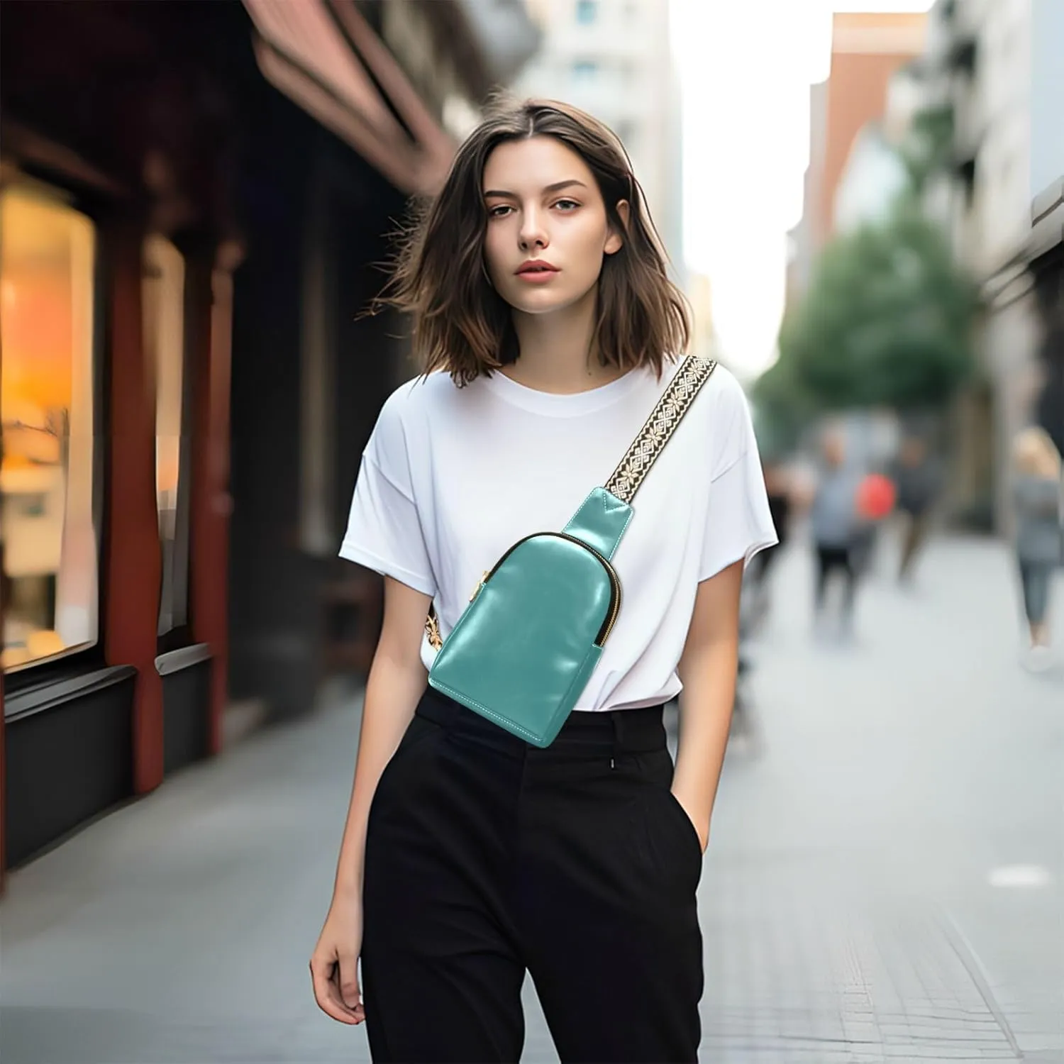 Dark Teal Crossbody Sling Bag for Women Men Leather Chest Bags Purse Adjustable Cross Body Daypack for Running Cycling Hiking