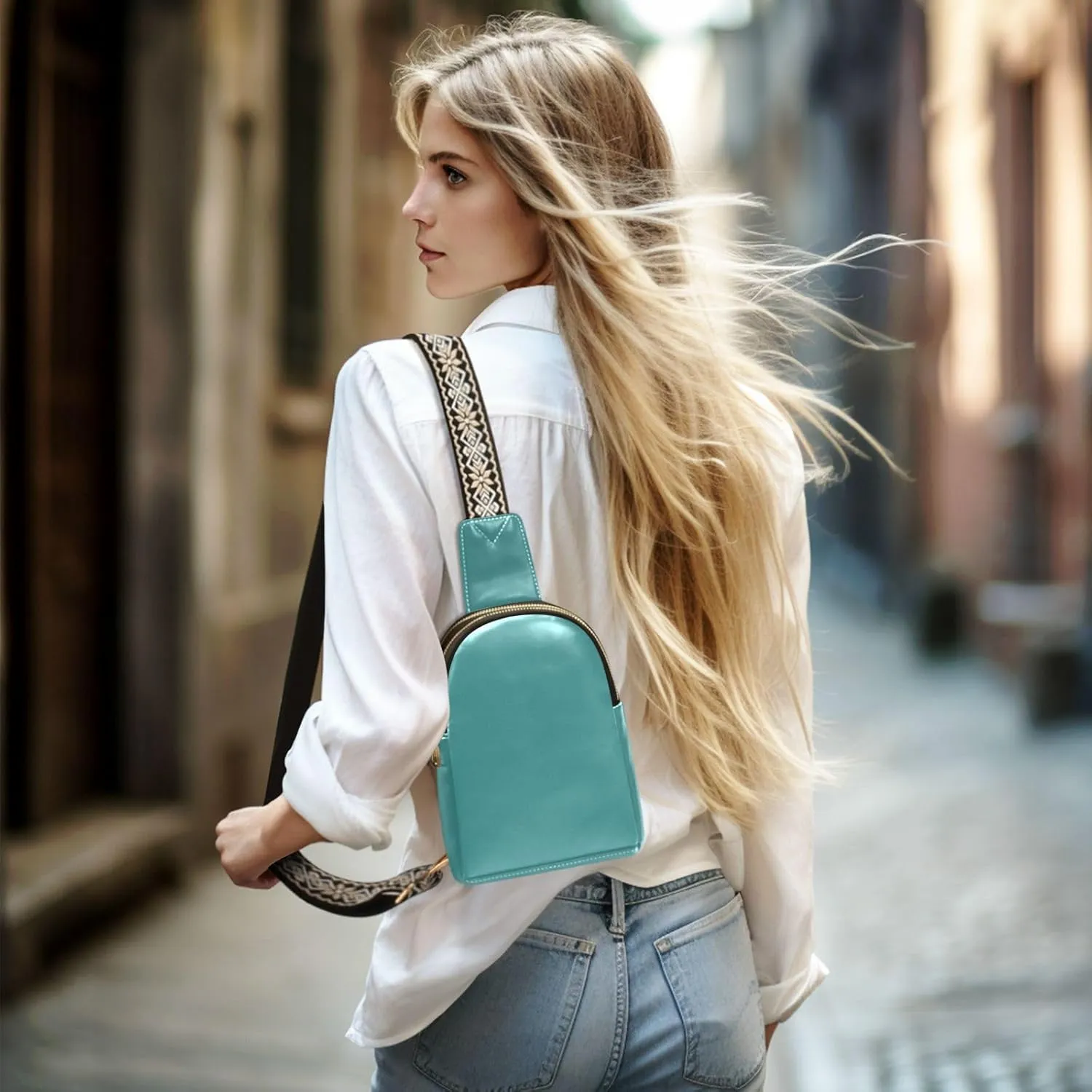 Dark Teal Crossbody Sling Bag for Women Men Leather Chest Bags Purse Adjustable Cross Body Daypack for Running Cycling Hiking