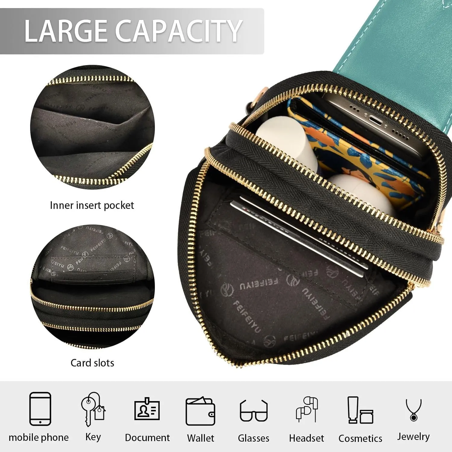 Dark Teal Crossbody Sling Bag for Women Men Leather Chest Bags Purse Adjustable Cross Body Daypack for Running Cycling Hiking