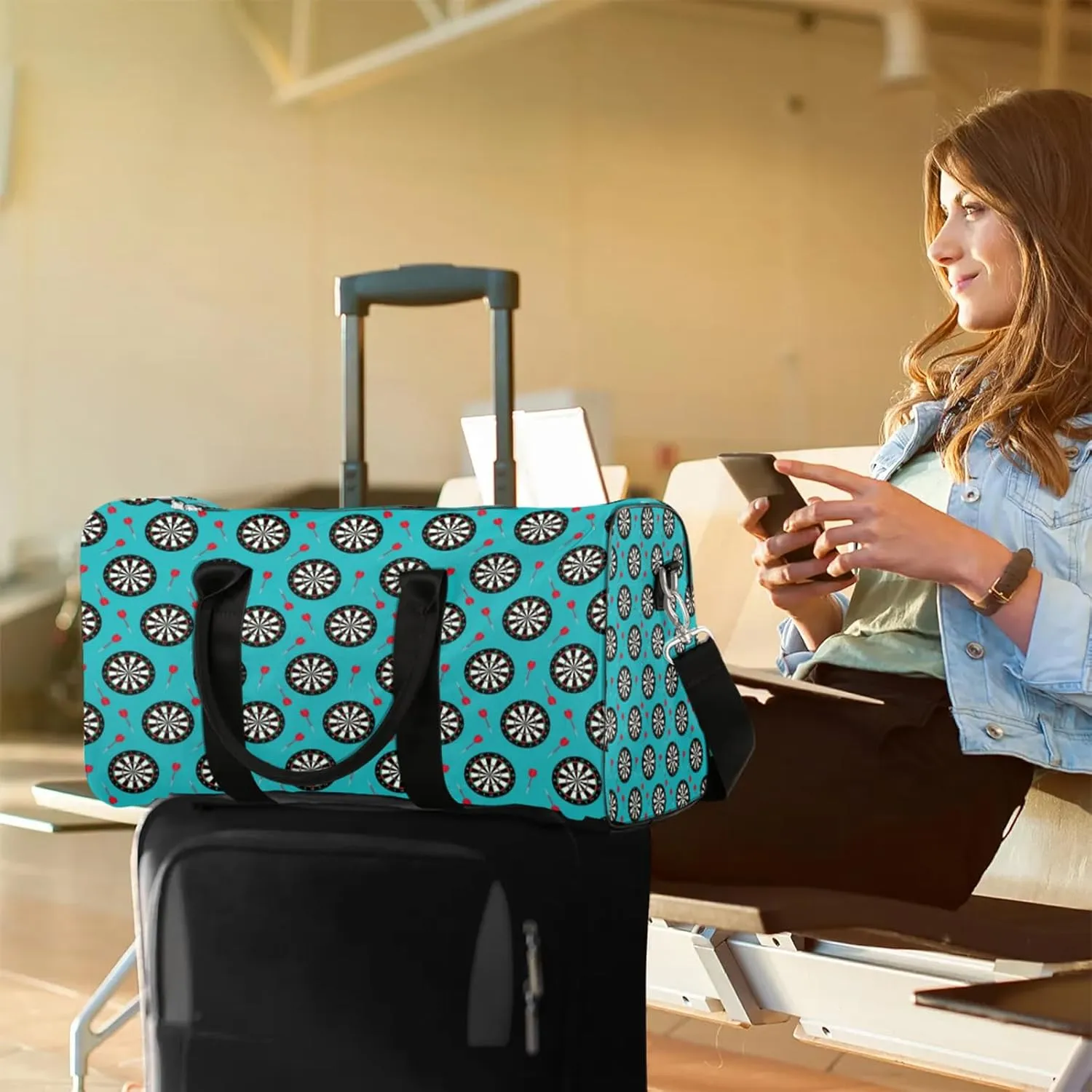 Dart Board Travel Duffle Bag, Weekender Bags for Women Men Light Blue Carry on Overnight Bag Waterproof Gym Bags, Hospital Bag for Labor and Delivery