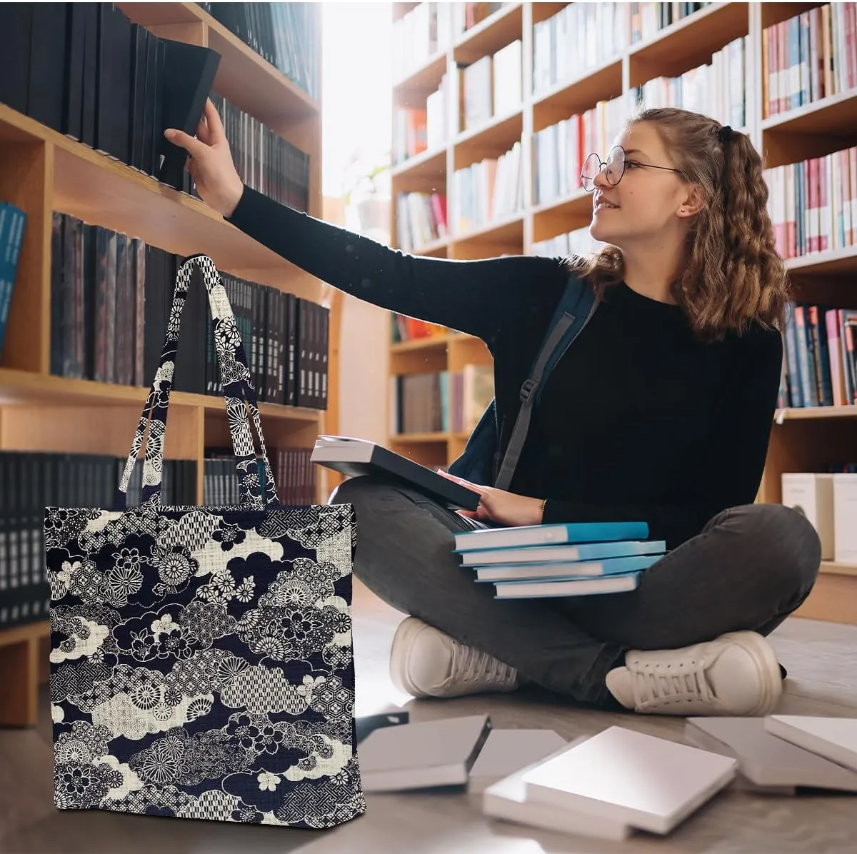 Decohim Aesthetic Japanese Prints Work Shopping Canvas Tote Bag with Pocket Gifts for Women Girls Birthday Christmas