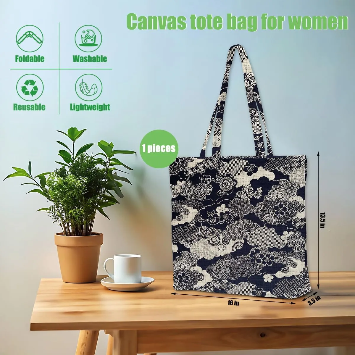 Decohim Aesthetic Japanese Prints Work Shopping Canvas Tote Bag with Pocket Gifts for Women Girls Birthday Christmas