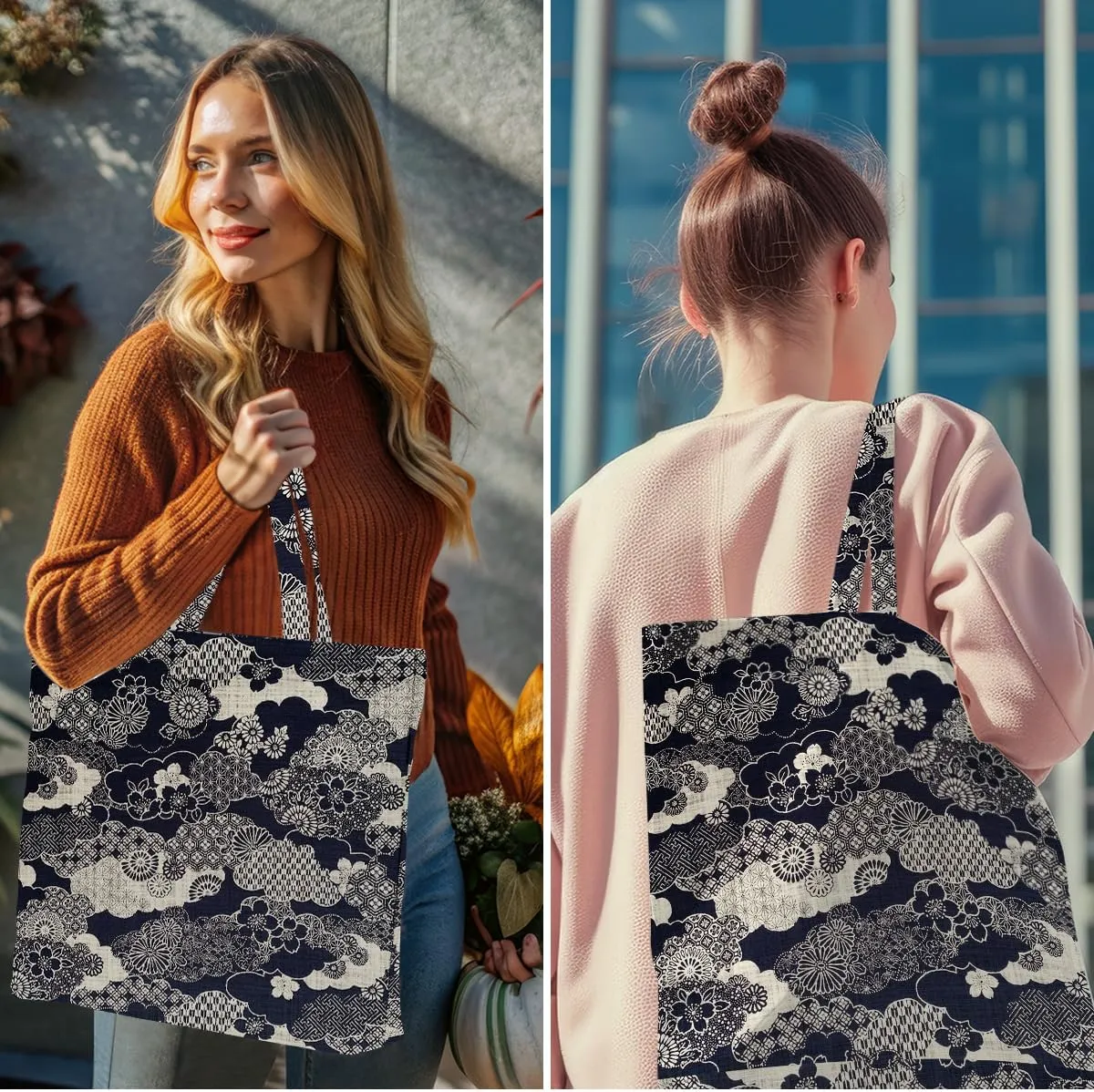 Decohim Aesthetic Japanese Prints Work Shopping Canvas Tote Bag with Pocket Gifts for Women Girls Birthday Christmas