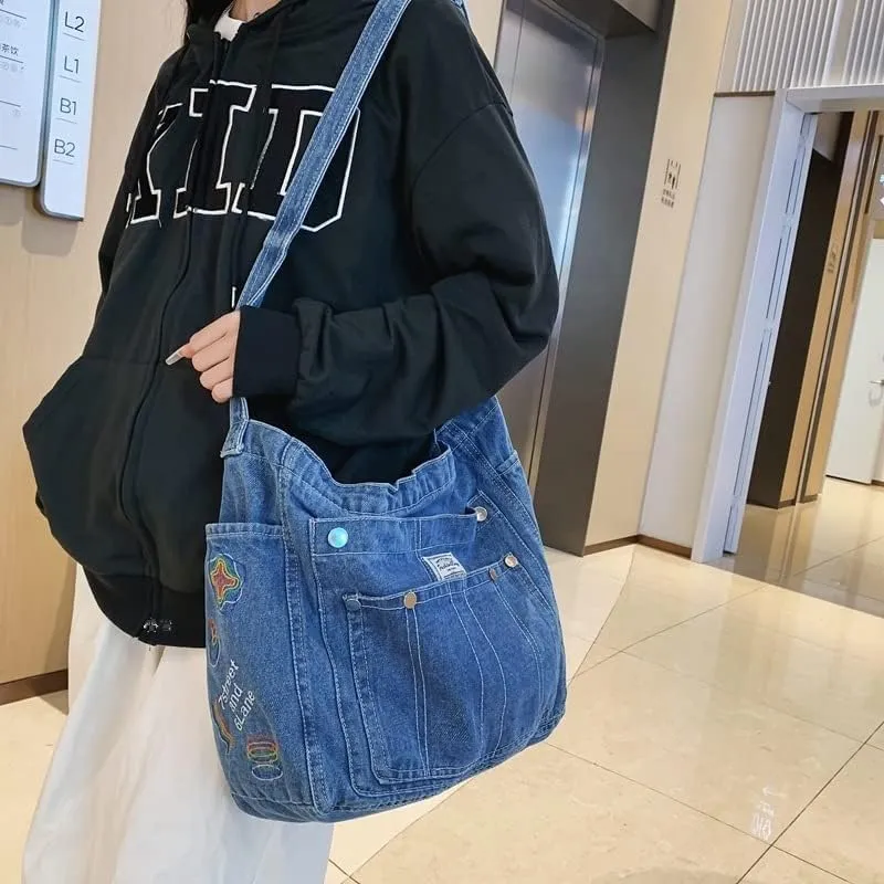 Demin Purse Handbag for Women Hippie Tote Bag Downtown Girl Aesthetic Crossbody Shoulder Bags Grunge Alt Accessories (Dark Blue,Large)