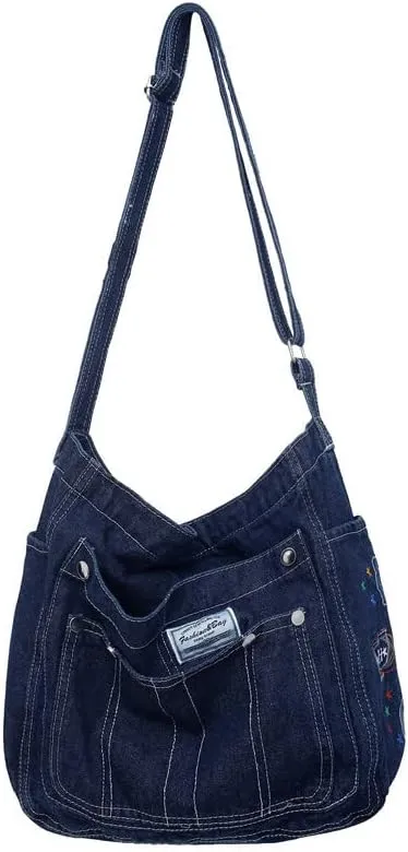 Demin Purse Handbag for Women Hippie Tote Bag Downtown Girl Aesthetic Crossbody Shoulder Bags Grunge Alt Accessories (Dark Blue,Large)