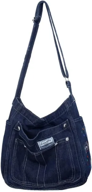Demin Purse Handbag for Women Hippie Tote Bag Downtown Girl Aesthetic Crossbody Shoulder Bags Grunge Alt Accessories (Dark Blue,Large)