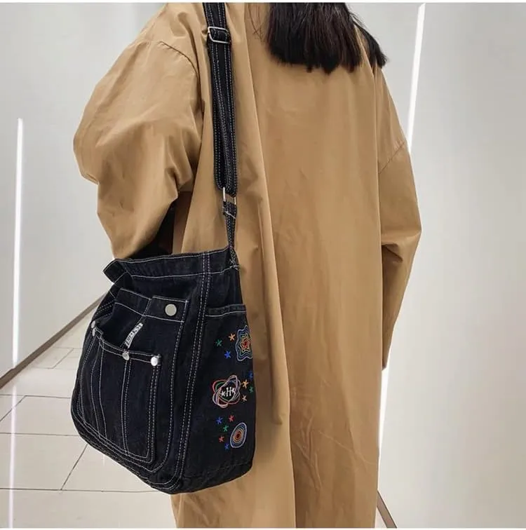 Demin Purse Handbag for Women Hippie Tote Bag Downtown Girl Aesthetic Crossbody Shoulder Bags Grunge Alt Accessories (Dark Blue,Large)