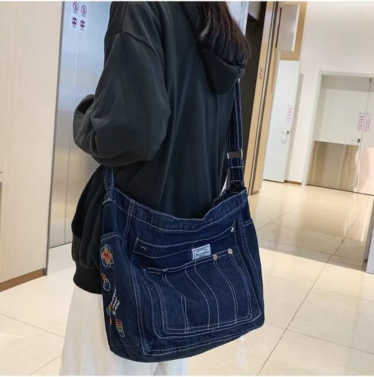 Demin Purse Handbag for Women Hippie Tote Bag Downtown Girl Aesthetic Crossbody Shoulder Bags Grunge Alt Accessories (Dark Blue,Large)