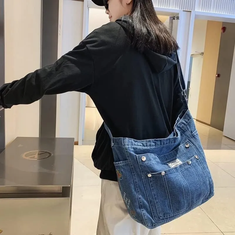 Demin Purse Handbag for Women Hippie Tote Bag Downtown Girl Aesthetic Crossbody Shoulder Bags Grunge Alt Accessories (Dark Blue,Large)