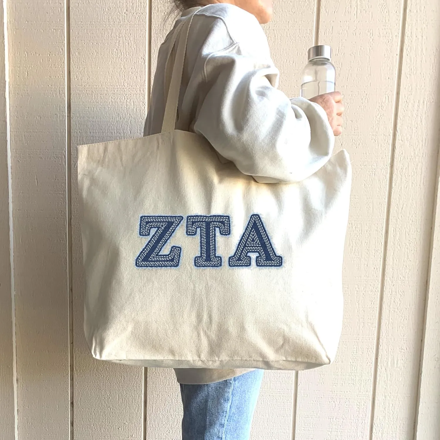 Denim Letters Sorority Tote Bag - Canvas Tote - Big Little Gifts, Bid Day, Recruitment, and Everyday Campus Use