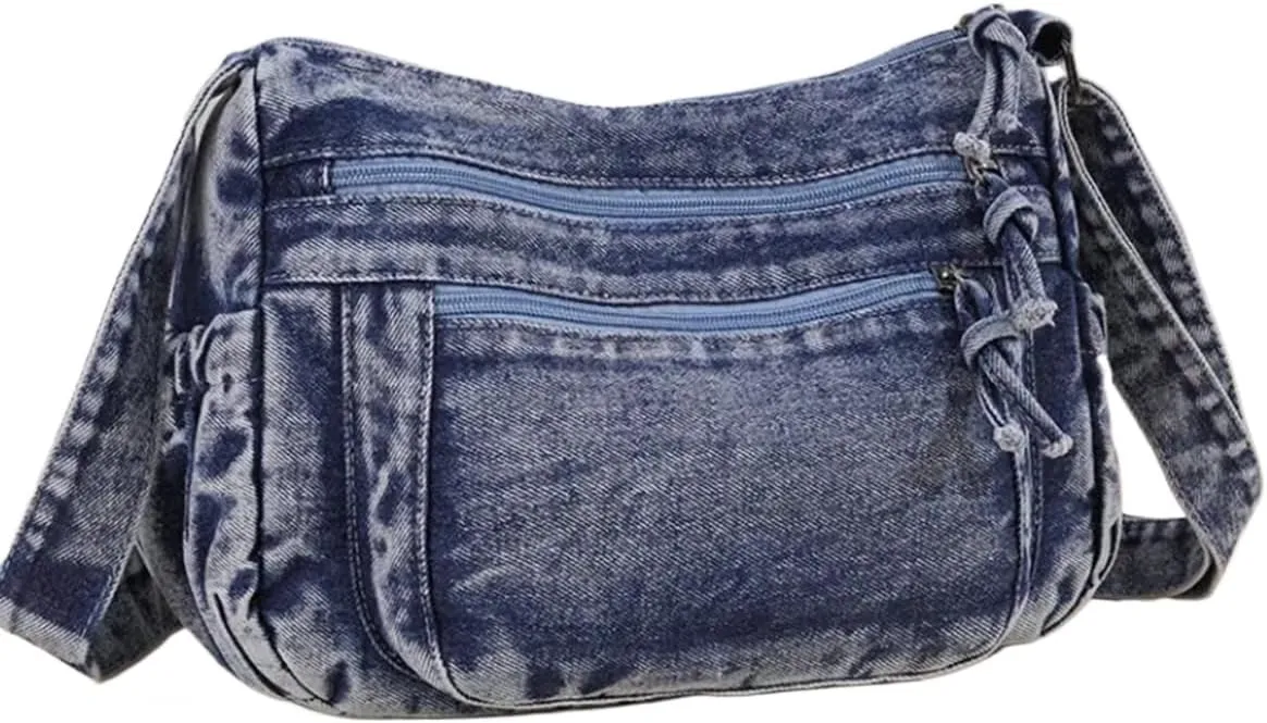 Denim Messenger Shoulder Bag, Casual Lightweight Multi Layered Travel Bag, Jean Tote Purse, Crossbody Bag for Women Men