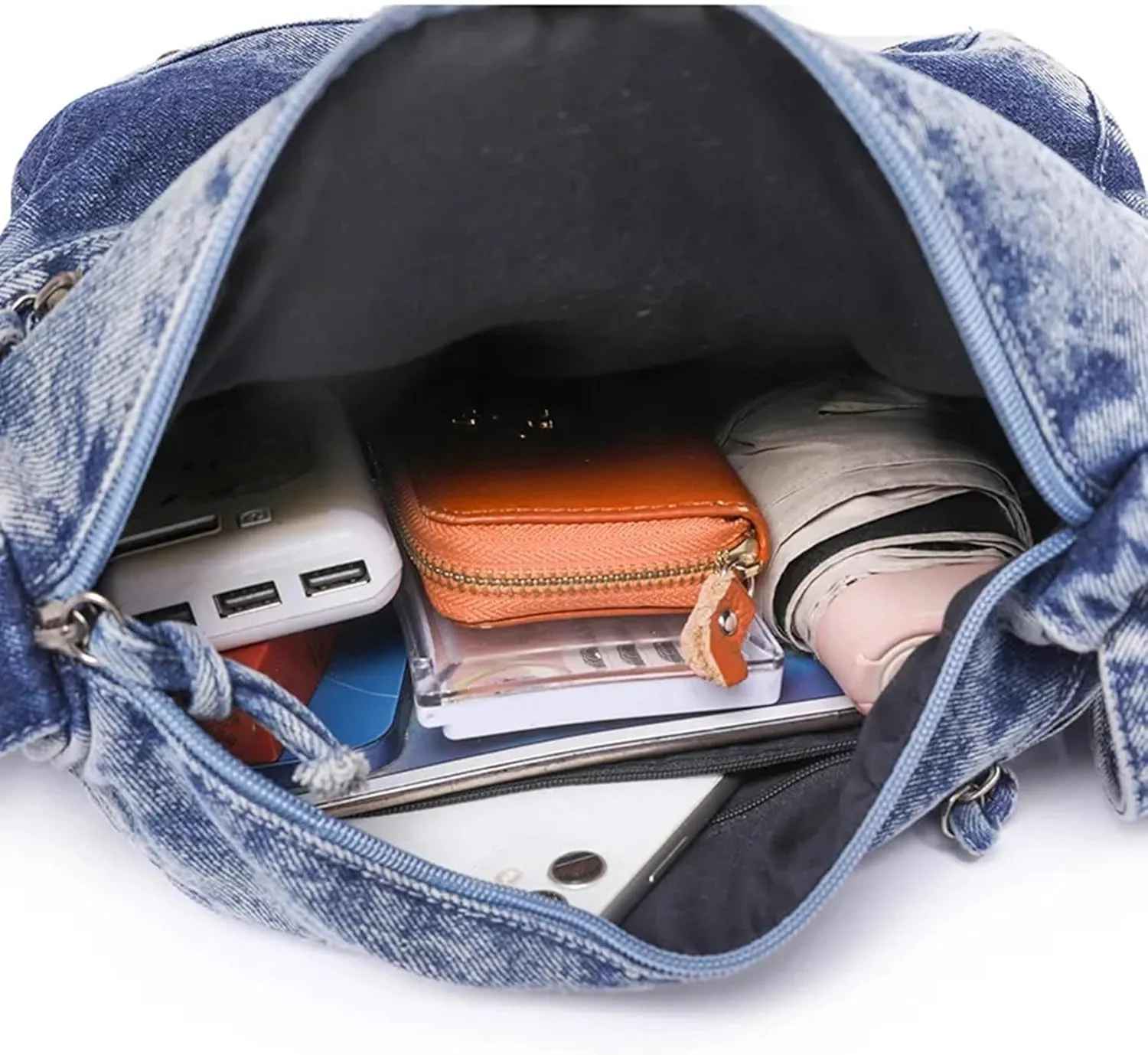 Denim Messenger Shoulder Bag, Casual Lightweight Multi Layered Travel Bag, Jean Tote Purse, Crossbody Bag for Women Men