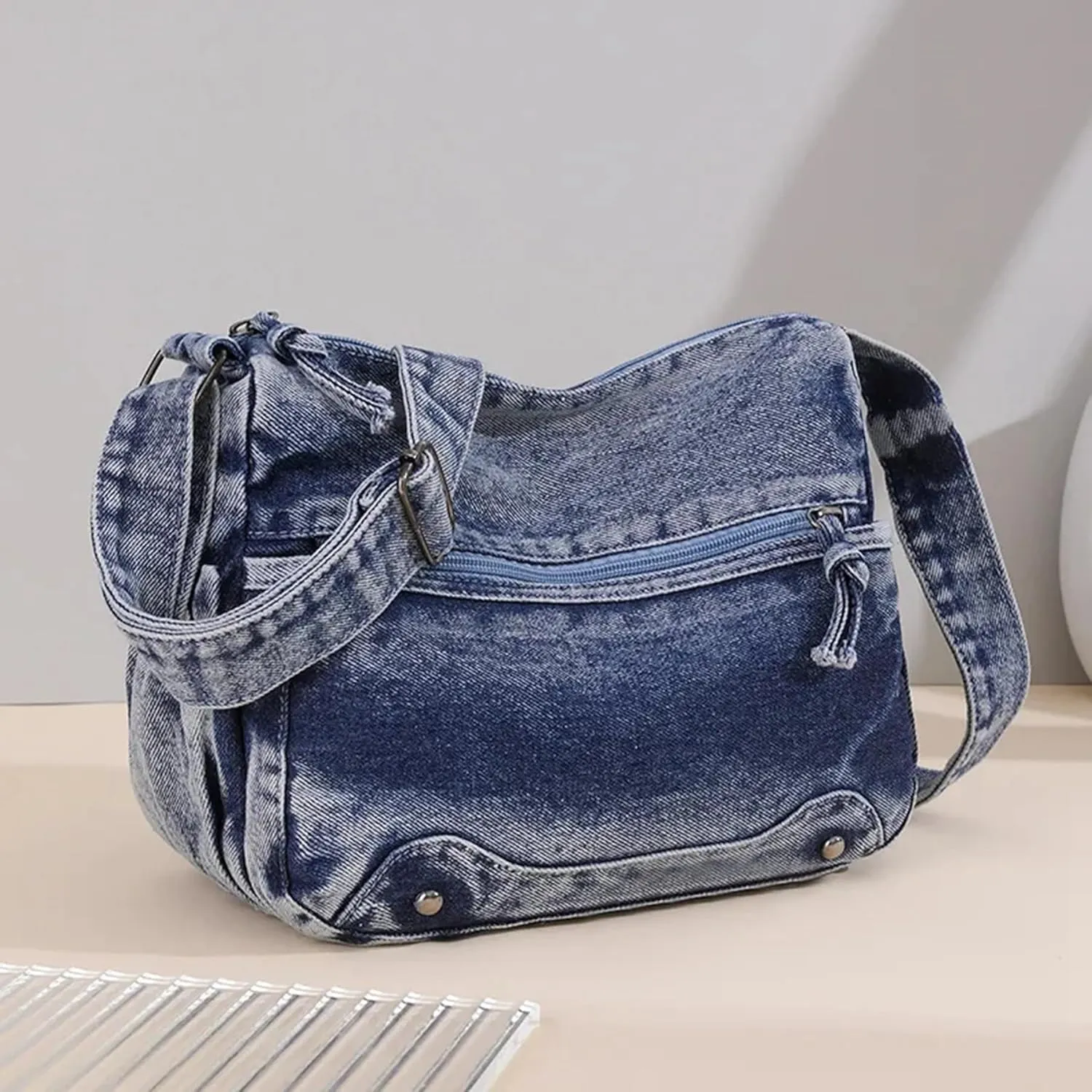Denim Messenger Shoulder Bag, Casual Lightweight Multi Layered Travel Bag, Jean Tote Purse, Crossbody Bag for Women Men