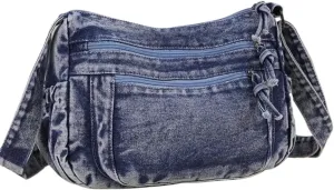 Denim Messenger Shoulder Bag, Casual Lightweight Multi Layered Travel Bag, Jean Tote Purse, Crossbody Bag for Women Men