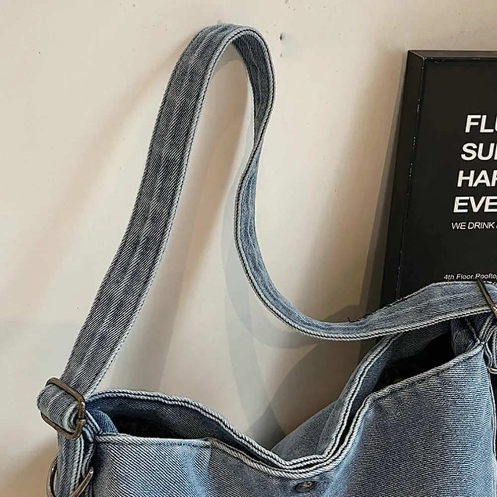 Denim Messenger Shoulder Bags for Women Retro Denim Large Cross-body Bag with Large Capacity Casual Tote Bags