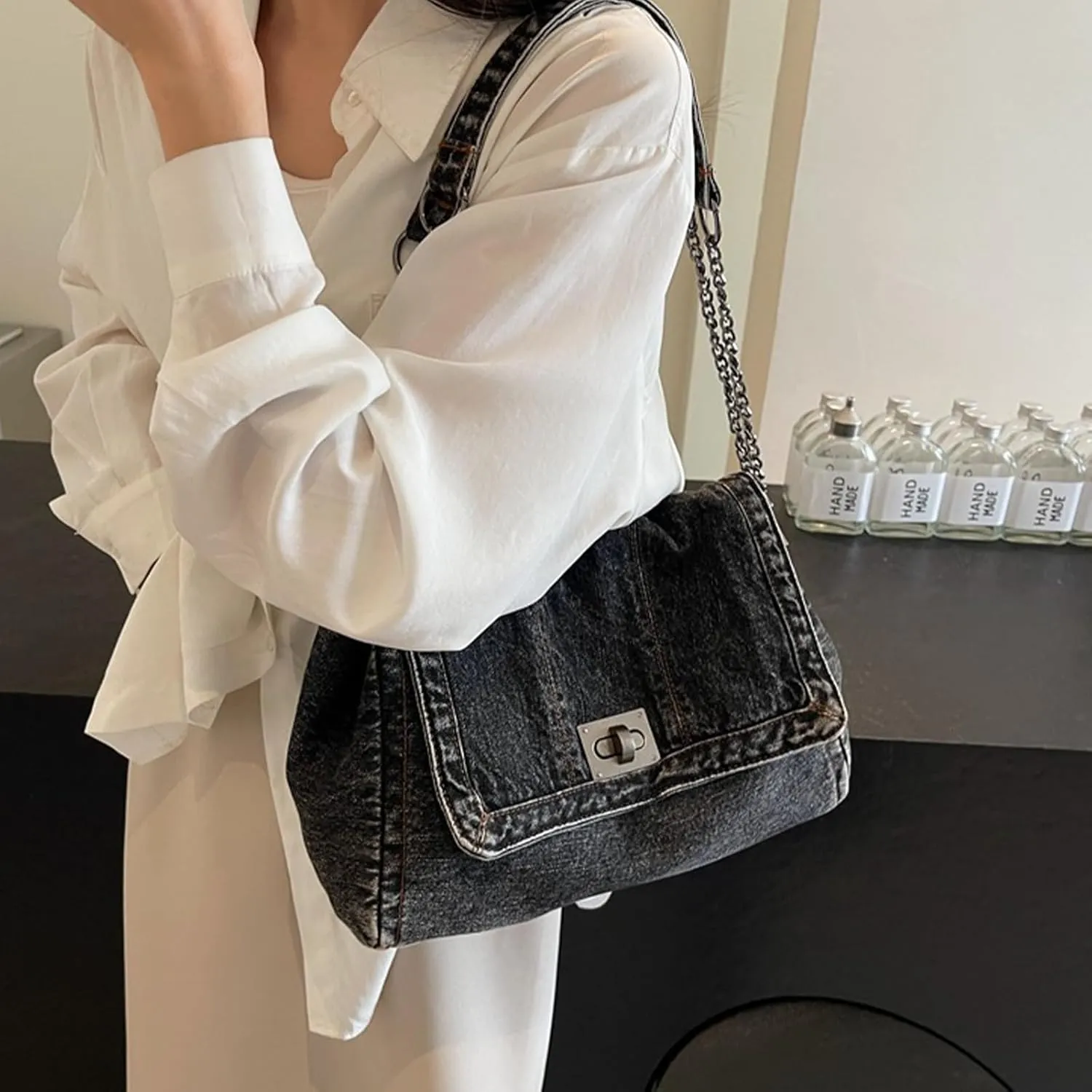 Denim Purse for Women Jean Purses Tote Bag for Womens Handbags Work Bags Jean Shoulder Bag Trendy Crossbody Bags