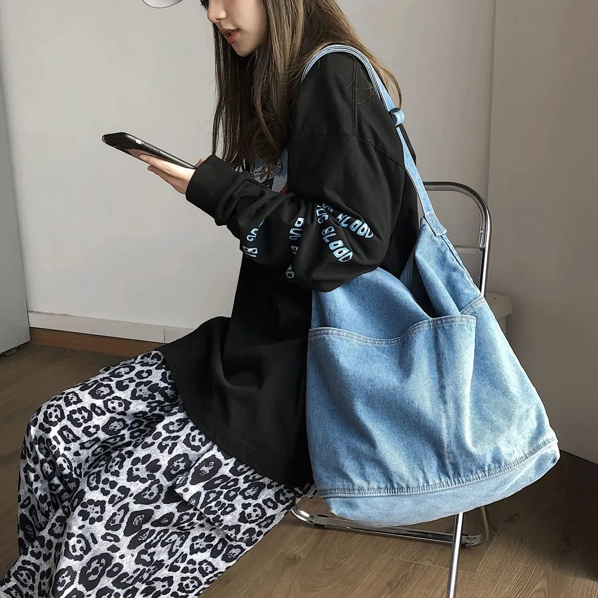 Denim Shoulder Bag Canvas Messenger Bag for Women Men Tote Bag Casual Retro Aesthetic Crossbody Bag Handbag