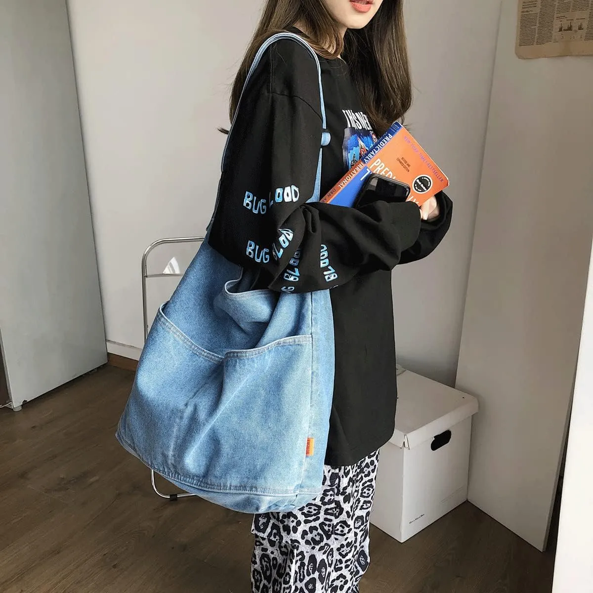 Denim Shoulder Bag Canvas Messenger Bag for Women Men Tote Bag Casual Retro Aesthetic Crossbody Bag Handbag