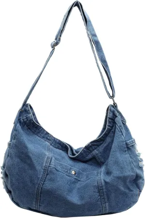 Denim Shoulder Bag for Women,Canvas Tote Messenger Bag with Zipper,Large Casual Crossbody Hobo Handbag Denim Purse
