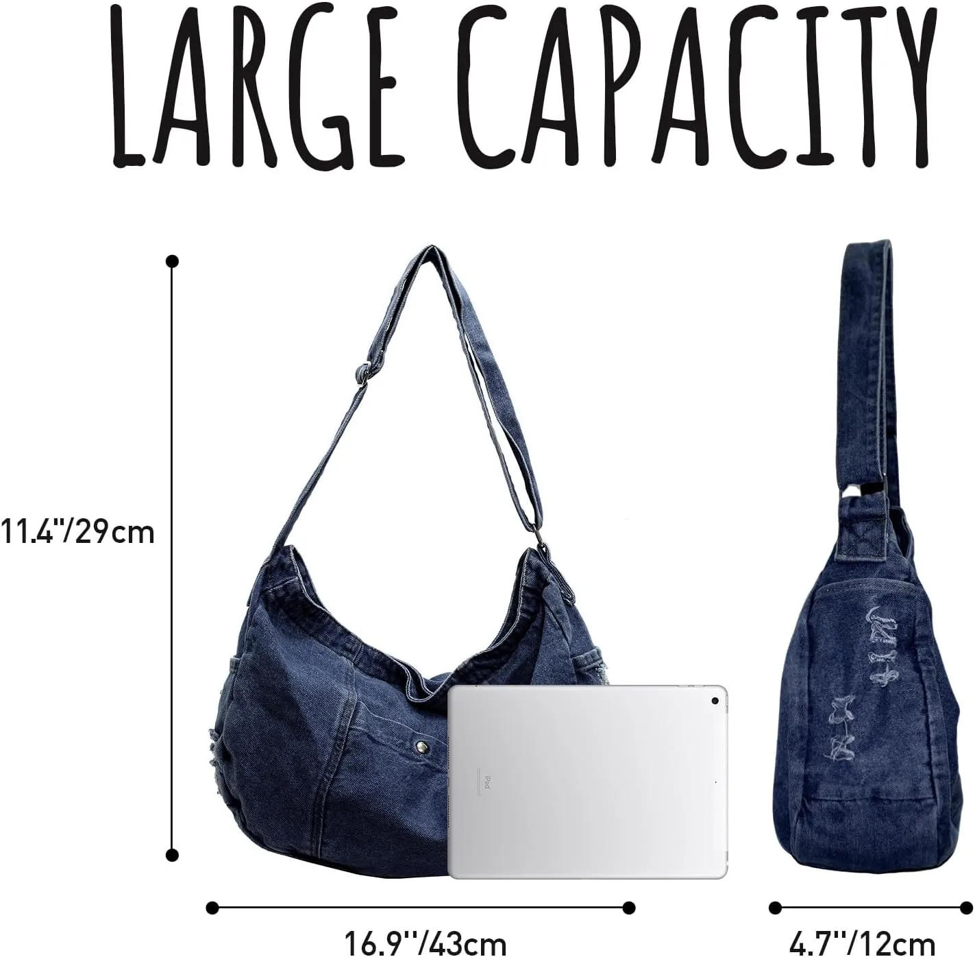 Denim Shoulder Bag for Women,Canvas Tote Messenger Bag with Zipper,Large Casual Crossbody Hobo Handbag Denim Purse